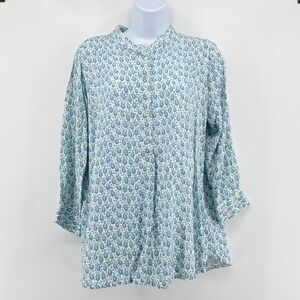 Rock Flower Paper Boho Paisley Print Tunic Blouse Shirt Blue Green Rayon Small